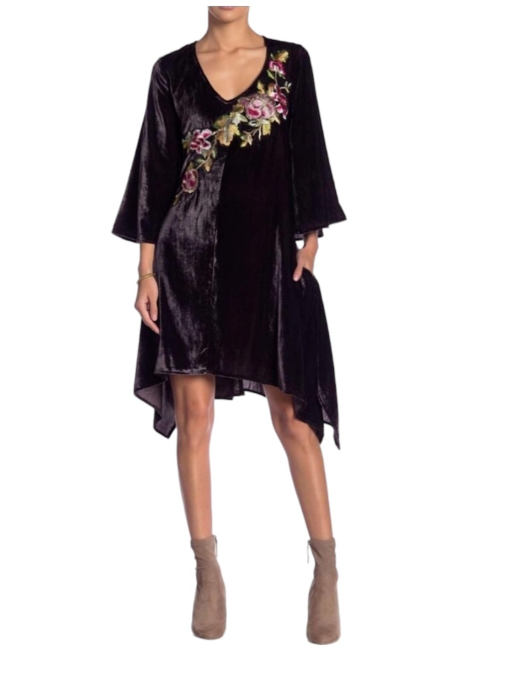 Aratta Velvet Shift Dress with Floral Embroidery - Black with Pink/Green Accents